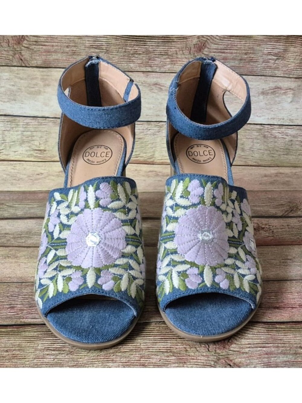 Dolce Mojo Moxy Womens 10M Blue Denim Floral Embroidered Block Heel Sandals - Picture 3 of 14